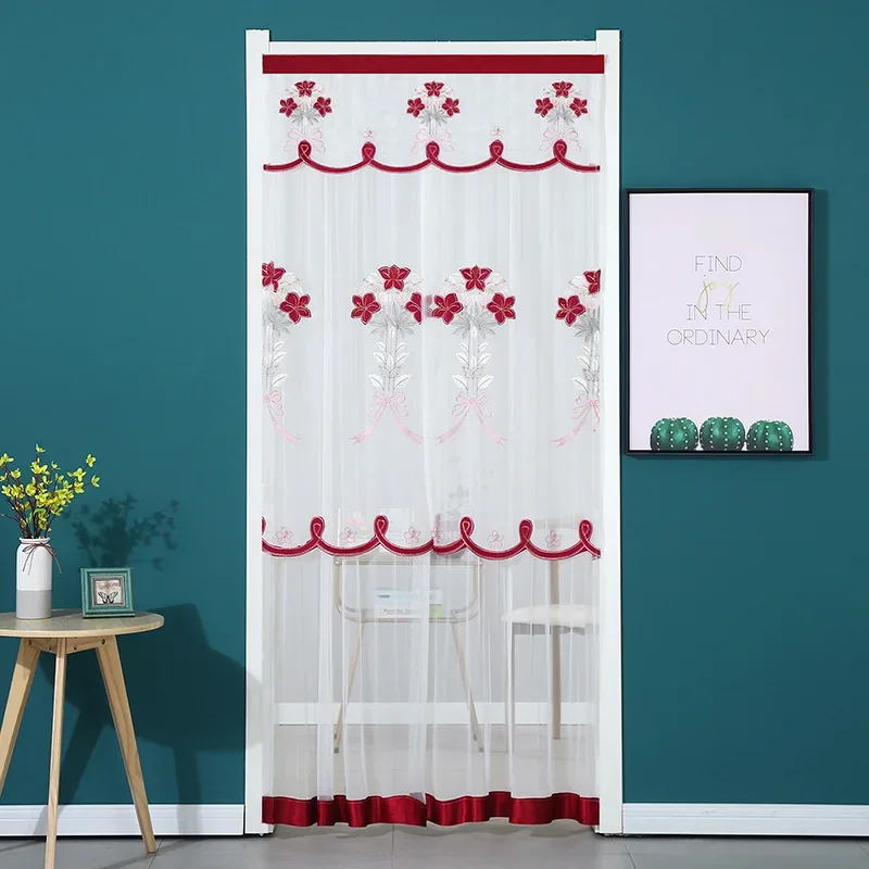 Punch-free Mosquito Screen Curtain Curtain, Breathable Bedroom Partition Curtain Double Layer Lace Lily Embroidered Door Curtain
