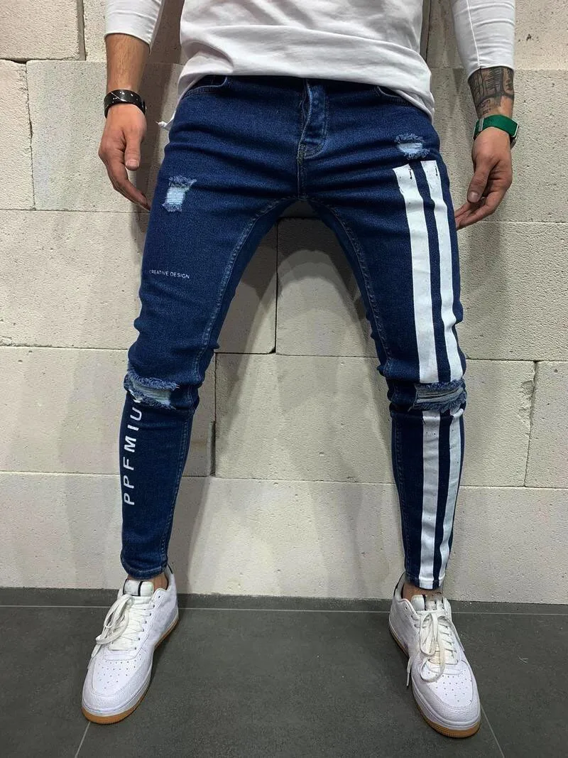 sexy hollow out broken holes tight pencil jeans women high waist slim fit denim pants female fashion street casual blue trousers Fashion Youth Broken Holes Pencil Jeans Men Casual Slim Fit Stripes Print Denim Trousers Four Seasons Street Cool Long Pants New