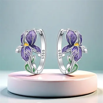 925 Sterling Silver Flower and Plant Series Purple Iris Earrings Exquisite Wedding Party Gifts for Ladies Jewelry Fashion Gifts