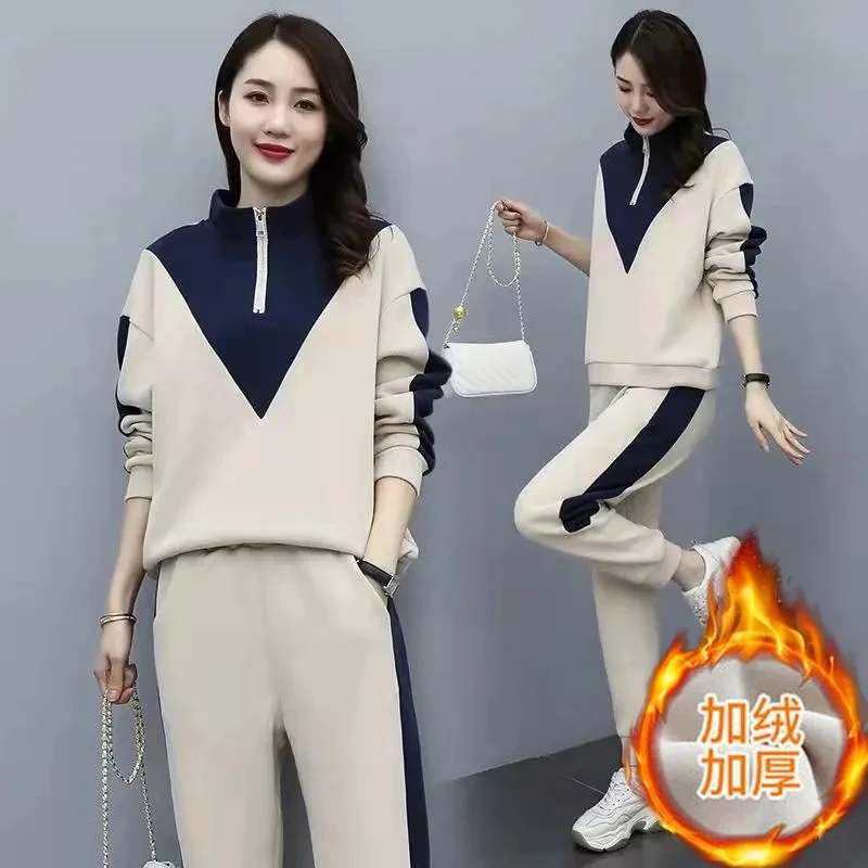 한국 패션 트랙수트 플러스 벨벳 따뜻한 2 피스 세트, 여성 의상, 캐주얼 스웻셔츠 및 스웻팬츠 수트, 조깅 앙상블 팜므