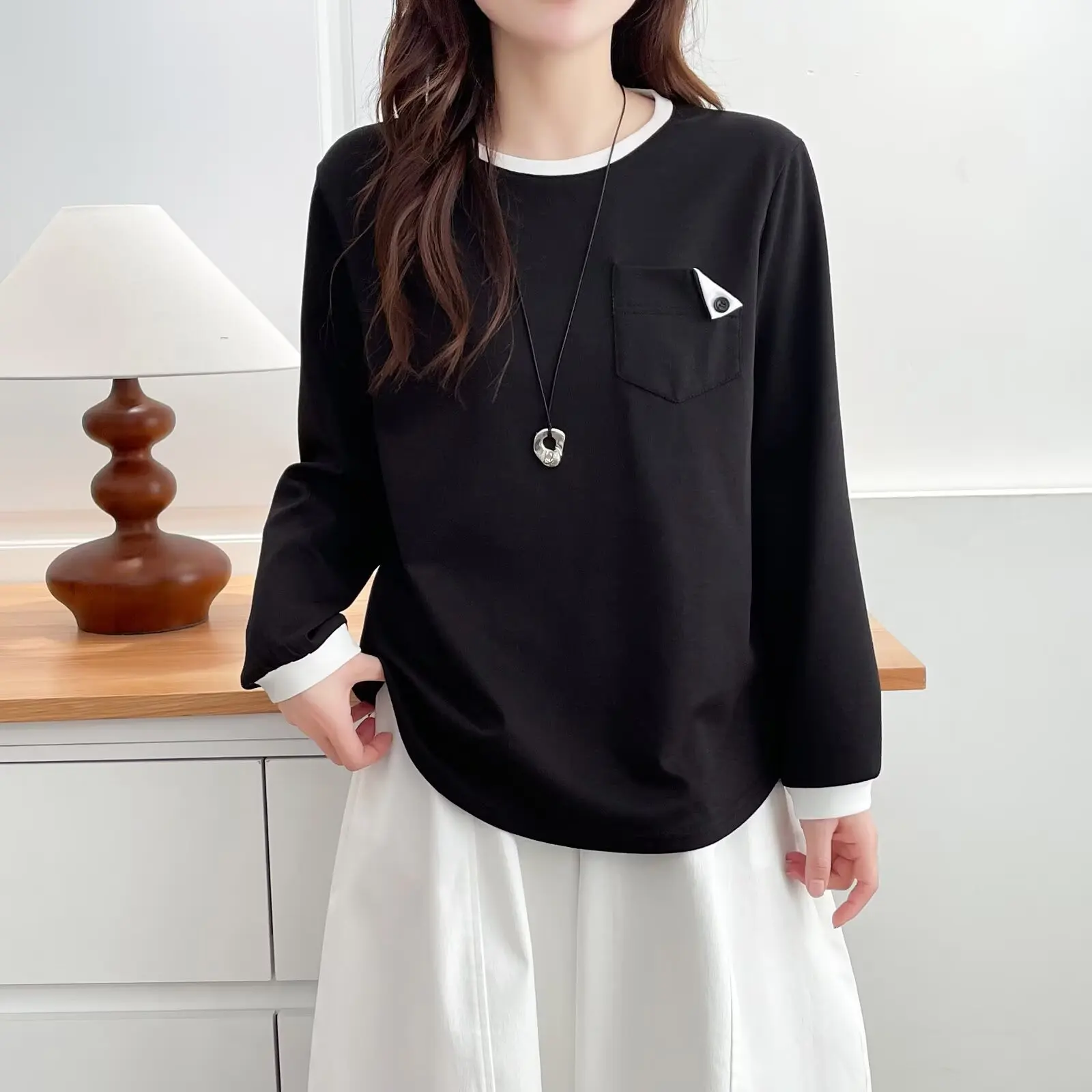 Fashion Plus Size Women's T-Shirt Autumn New Style Simple Color Contrast Pocket Decoration Long Sleeve Tops 818