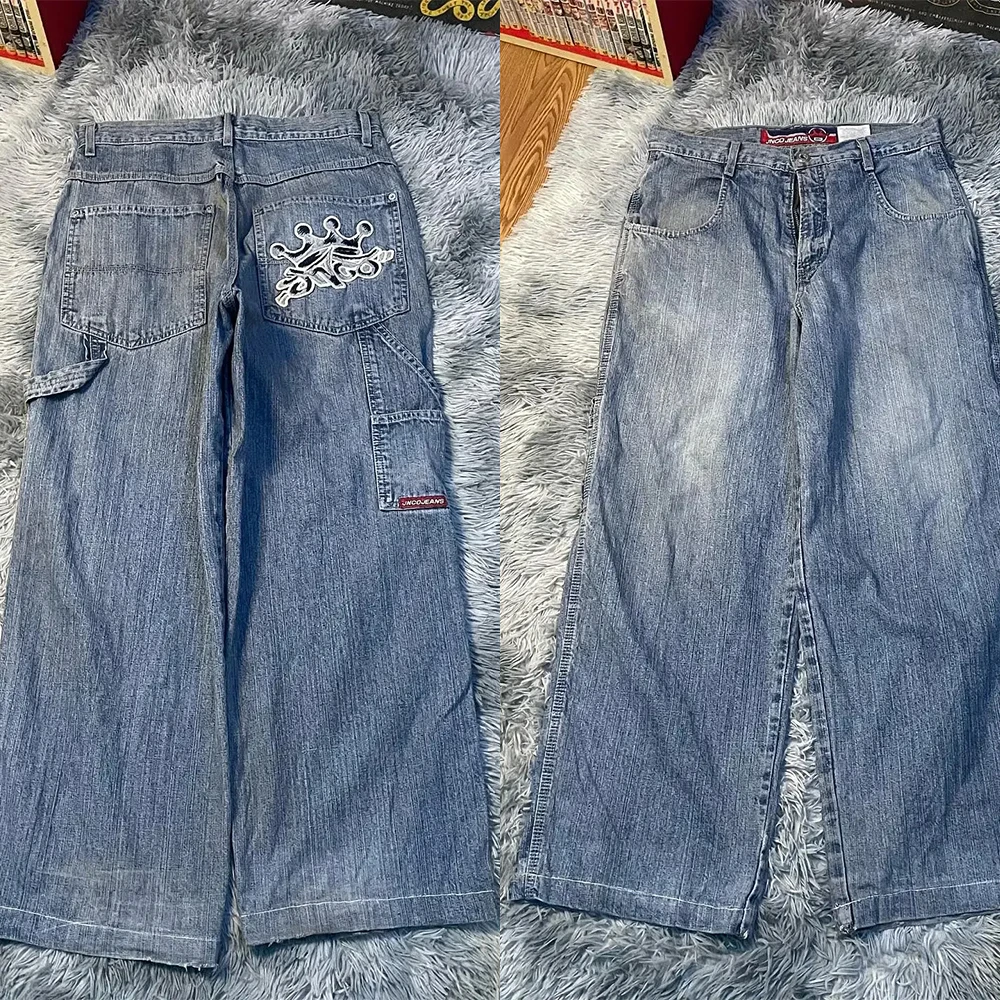 Y2K 하라주쿠 힙합 크라운 자수 청바지, 레트로, 블루, 헐렁한 청바지, 하이 웨이스트, 와이드 레그 팬츠, 스트리트웨어