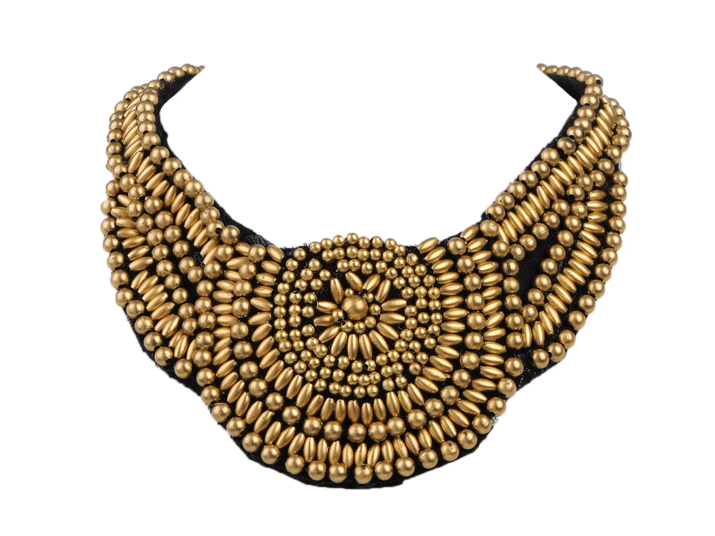 

Tribal Ethnic Golden Beaded Bib Aztec Sun Scallop Edge Statement Necklace