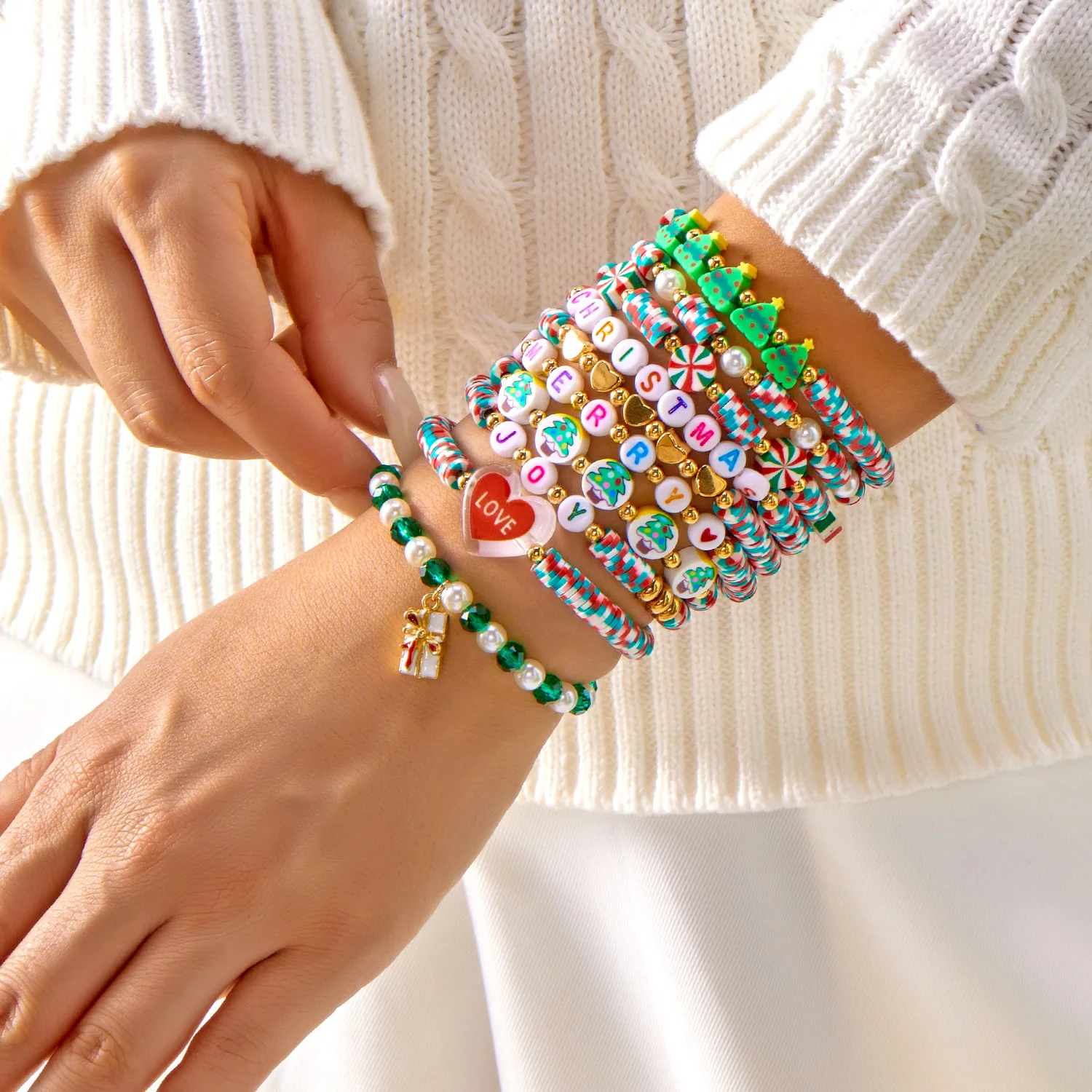 10 Pcs Christmas Crystal Beaded Stackable Bracelet For Women Santa