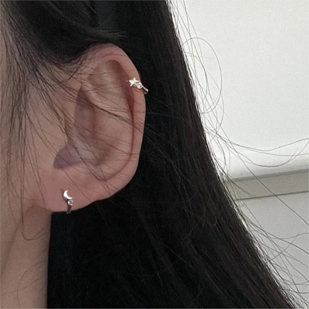Korean Fashion Star Moon Hoop Earrings For Women Unique Asymmetric Zirconia Silver Color Ear Piercing Jewelry Gift Trend 2025 6