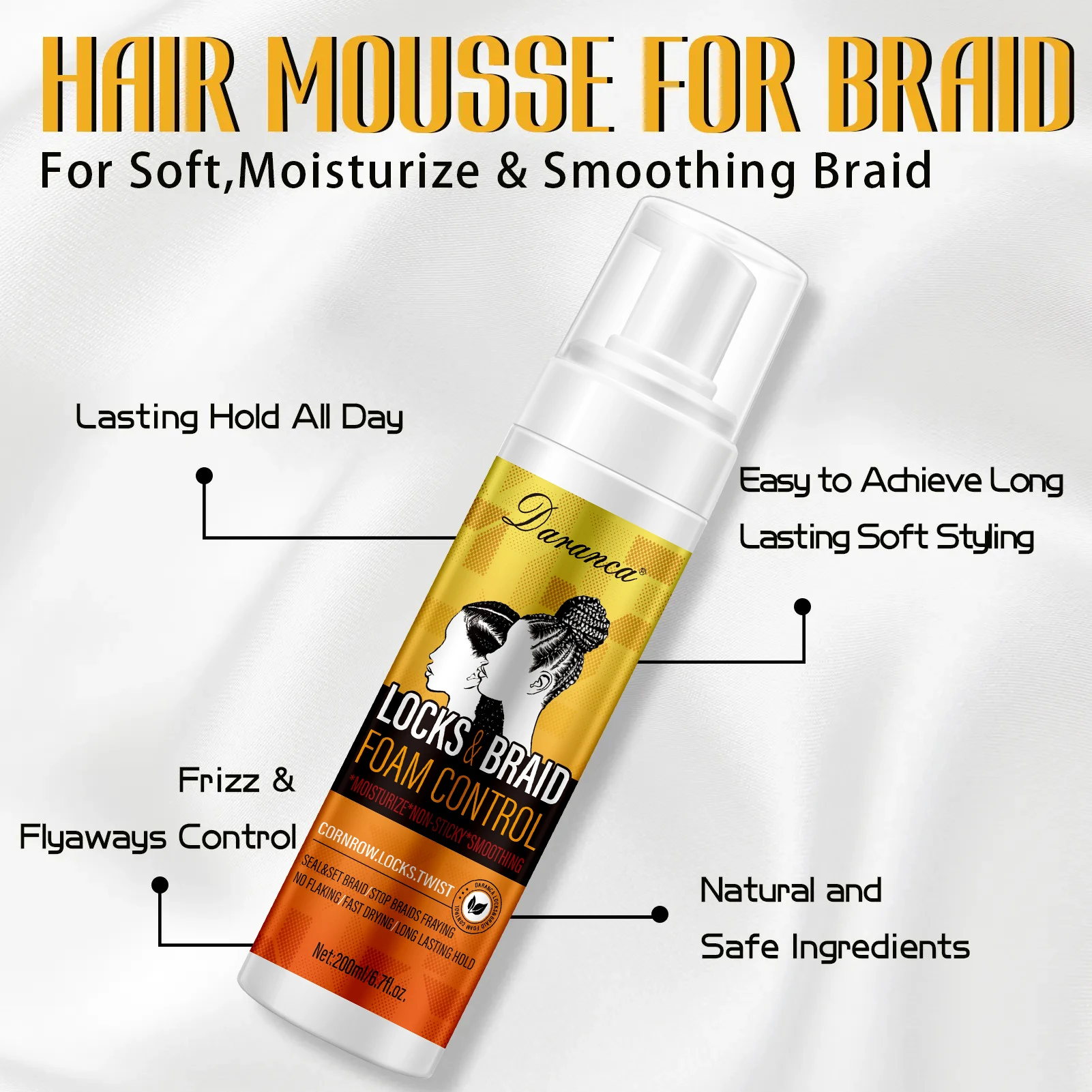 Curly Hair Styling Foam for Neat Cornrows Tame Frizz and Control Mousse Private Label Natural Look Shining Braid Mouss 200ml