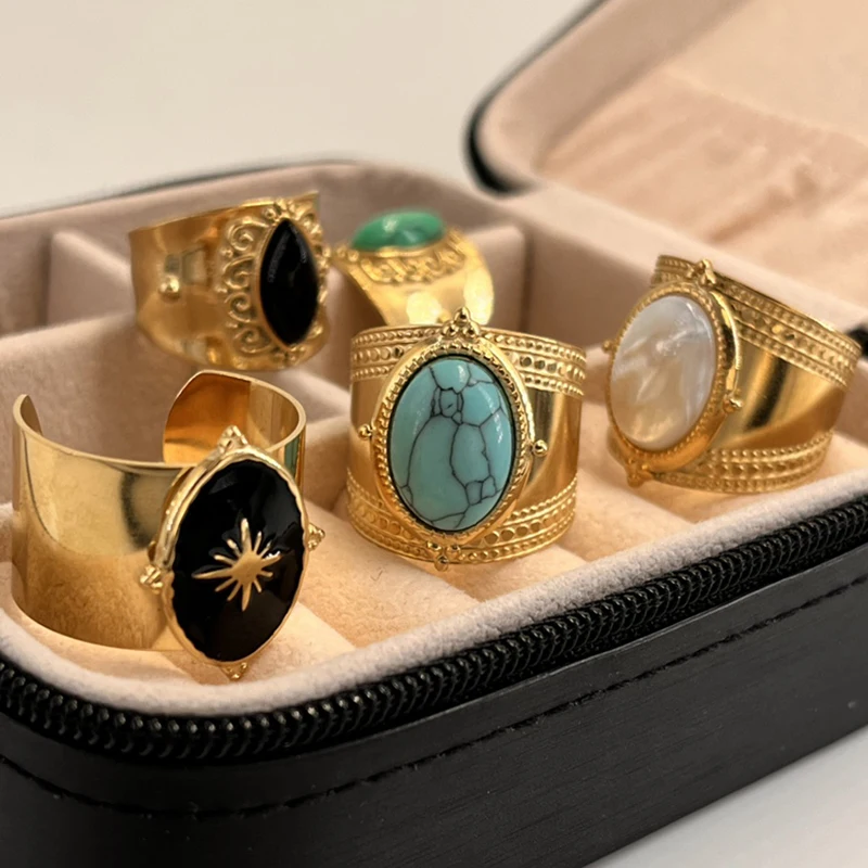 Böhmen Türkis Naturstein Weit Offene Ringe für Frauen 14K vergoldet Edelstahl Ring Fingerringe Frauen Schmuck Geschenke