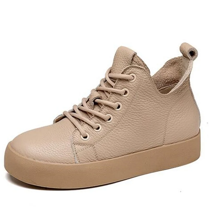 

2022 Lace Up Round Head Comfortable Women's Boots Premium Cowhide Autumn Platform Sneakers Flat Soles Add Ankle Boots