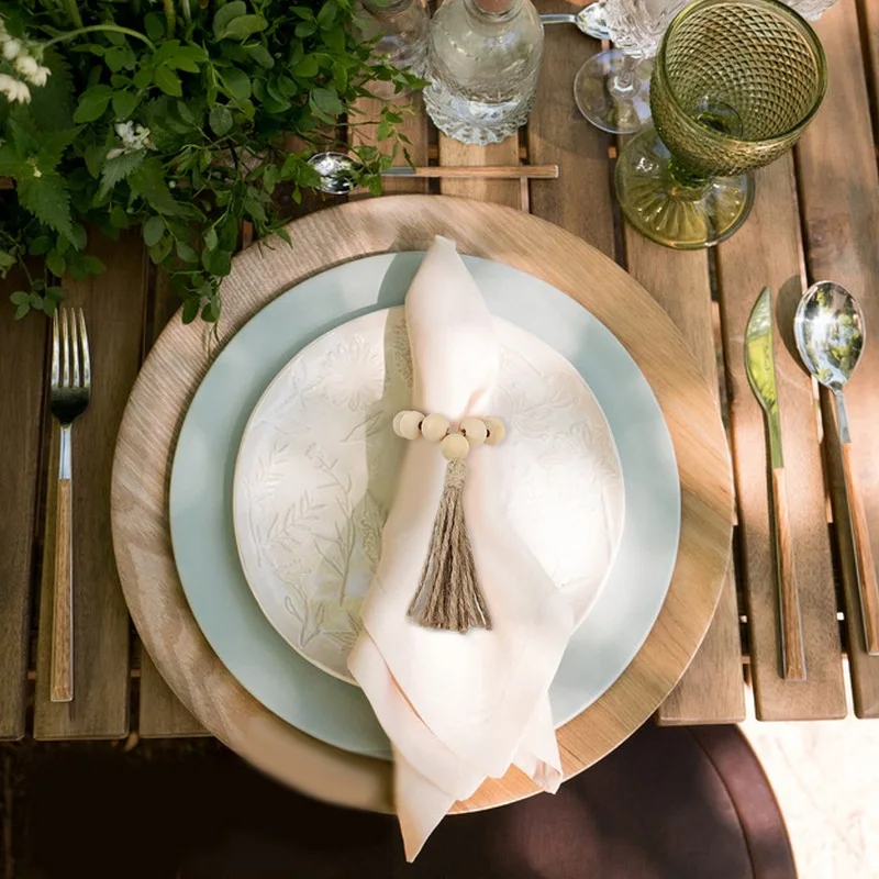 1/12Pcs Wooden Beads Napkin Rings with Tassels Rustic Wedding Table Napkin Holder Buckles Christmas Party Boho Home Decoration