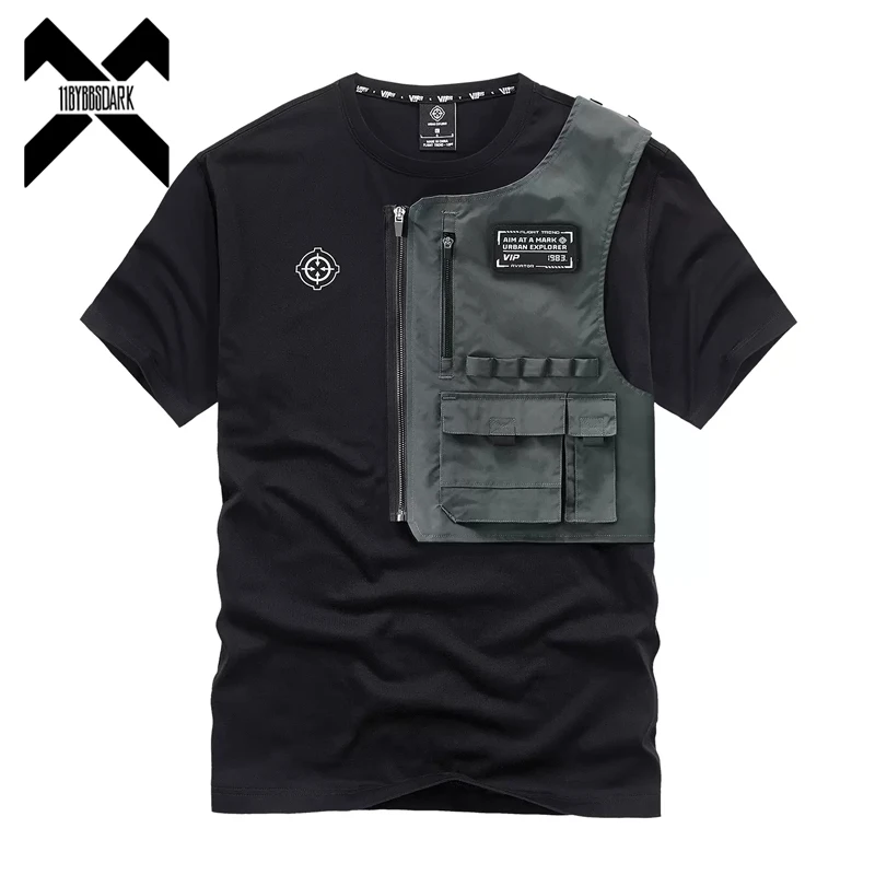 

Футболка Techwear Мужская тактическая, функциональная дизайнерская рубашка в стиле пэчворк, уличная одежда в стиле Харадзюку, черный топ, лето 2023