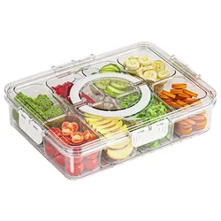 Portable Clear Veggie Tray with Lid & Handle - Divided Spinner - As shown (Transparent)