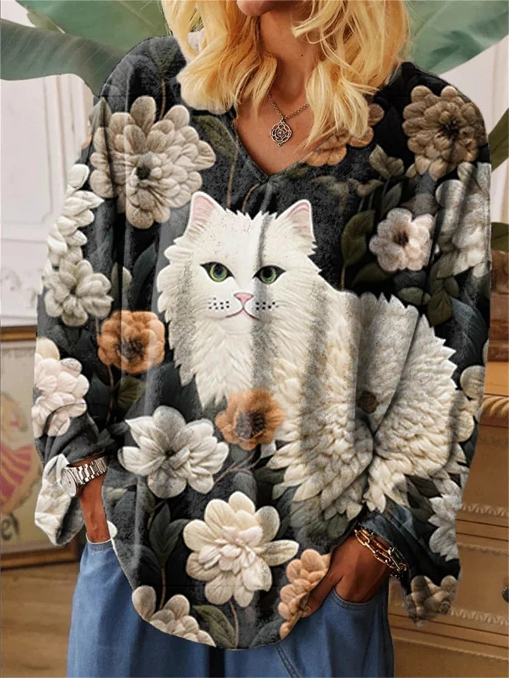 

Women's V-Neck Long Sleeve Cat Print T-Shirt Cotton Top Girl Casual Clothing Fall Winter Fashion Loose Tees Y2K Pullover