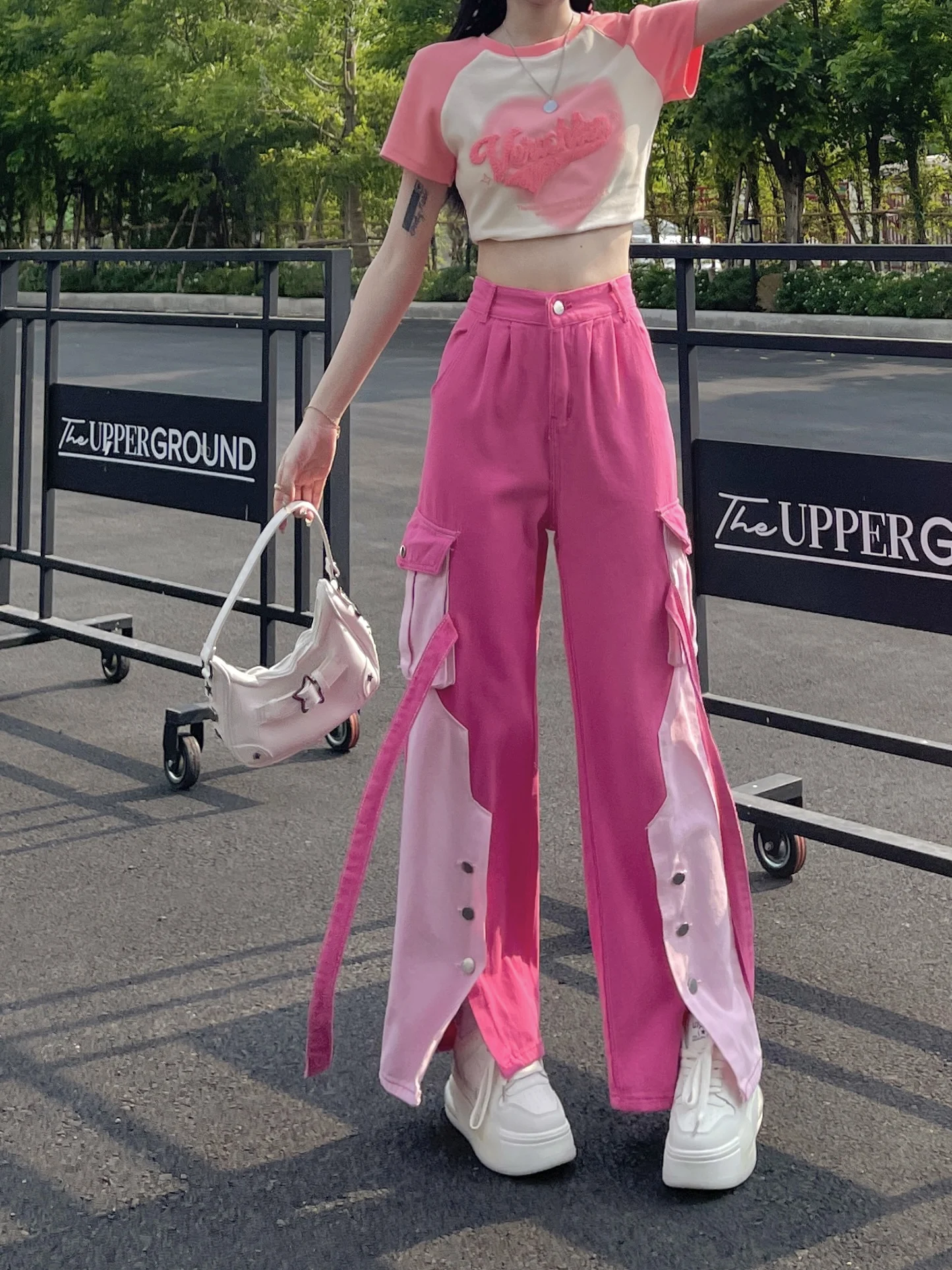 Pink patchwork workwear pants with high waistband and color matching straight leg wide leg pants with loose and slim design