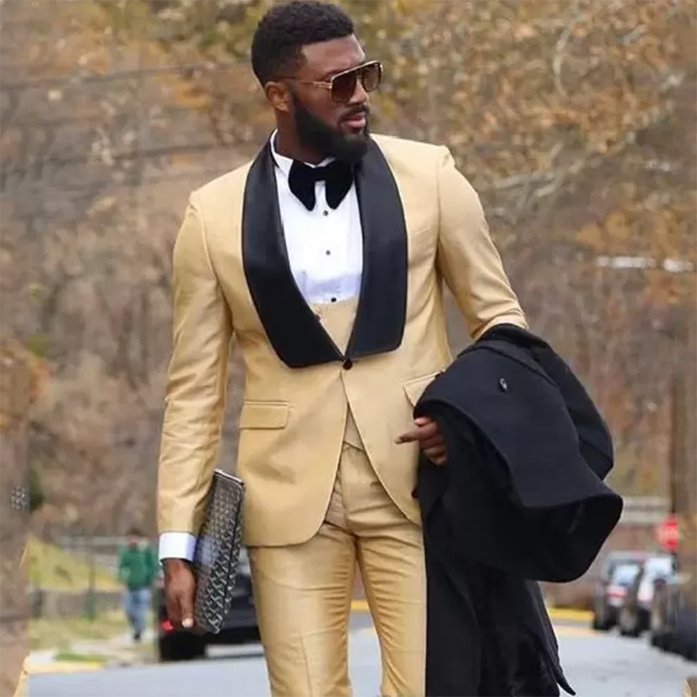 

Men Suits Golden Groom Tuxedos Skinny Party Business Casual Shawl Lapel 3 Piece （Blazer + Vest + Pants）Costume Homme