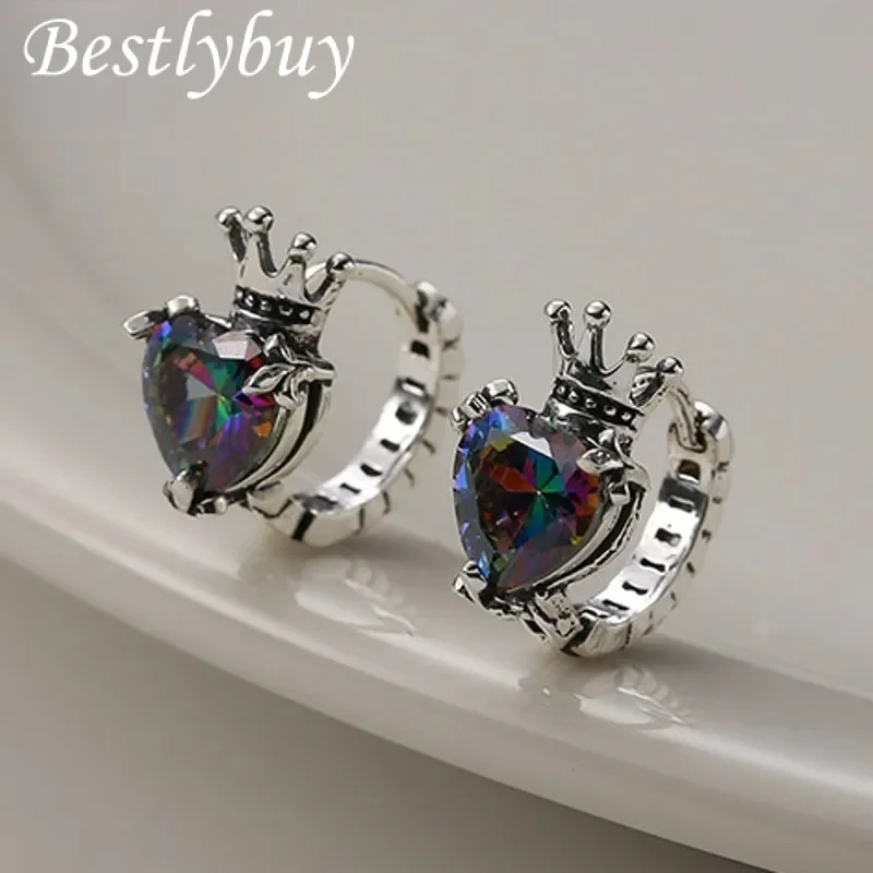 

Real S925 Silver Jewelry Unique Design Retro Crown Trendy Colorful Zircon Love Ear Buckle for Women Earrings