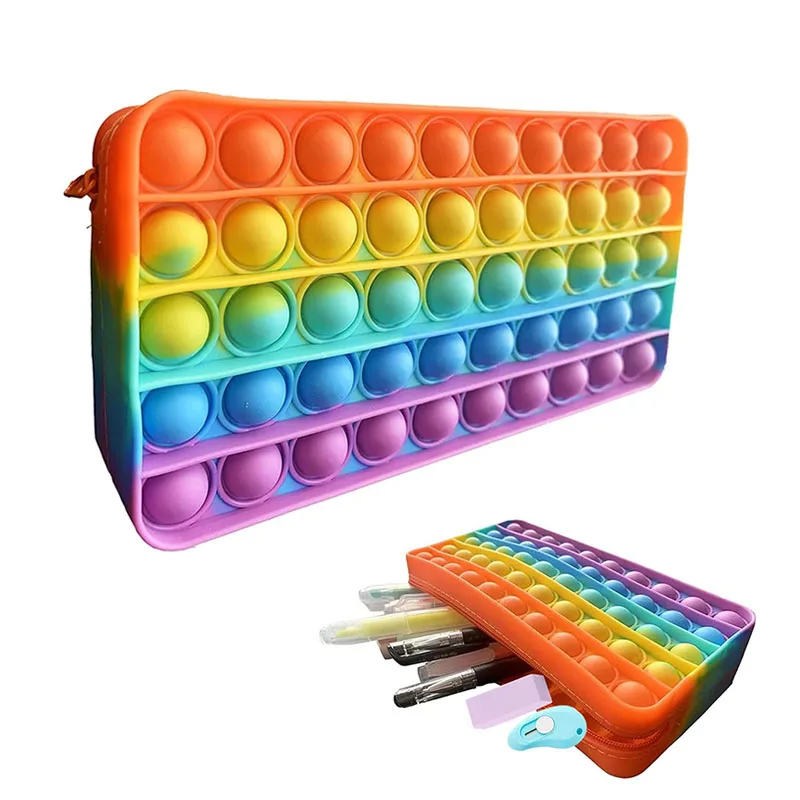 Rainbow Push Bubble Pencil Case Silicone Stationery Storage Bag ADHD Sensory Fidget Toys For Kids Boys Girls Decompression Gifts 1