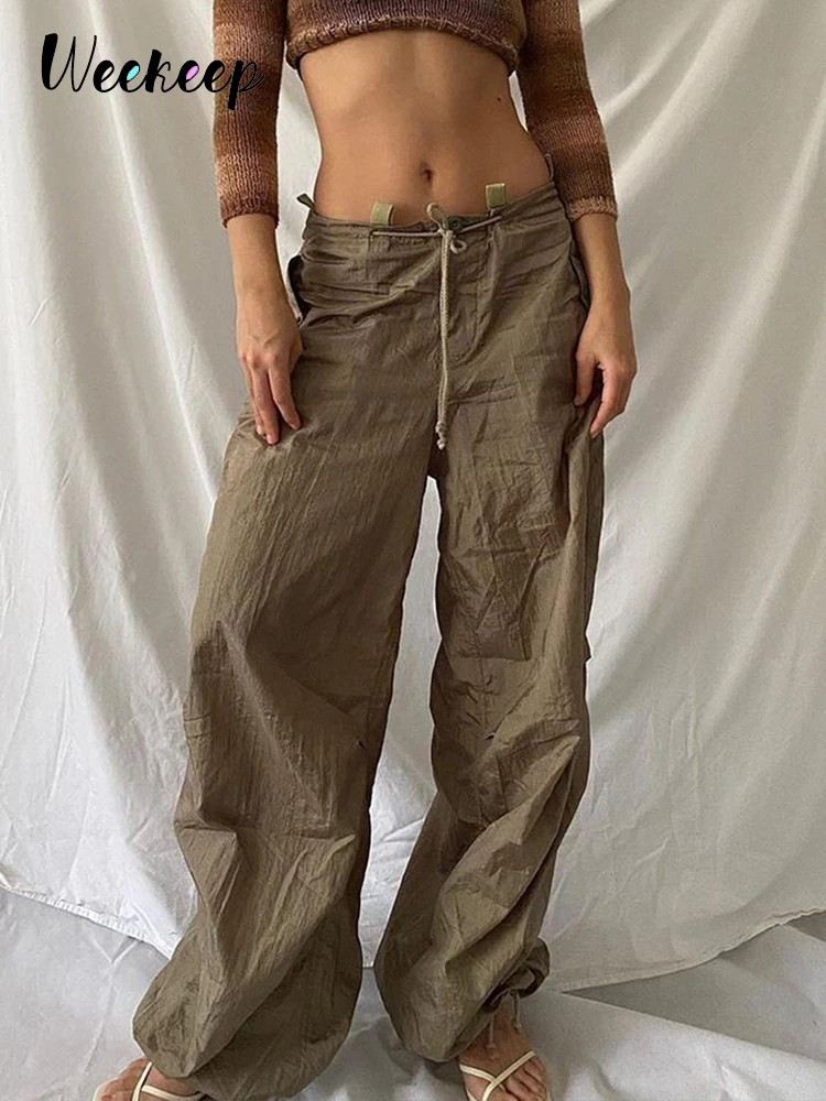 Weekeep Khaki Low Rise Cargo Pants Vintage Baggy Wide Leg Trousers