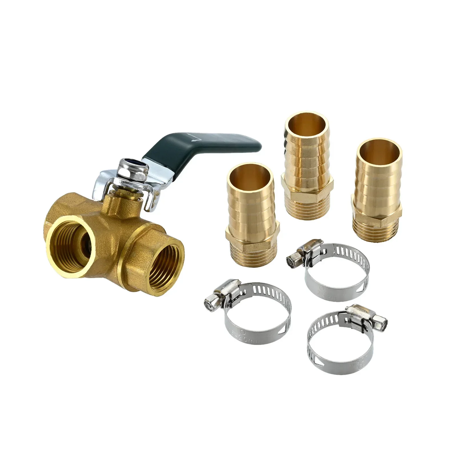 Brass 3-Way L-Port 1/2" Hose Barb Ball Valve 1/2" G Female Thread with Shut Off Lever Handle T Shaped Brass Fitting &Pipe Clamps