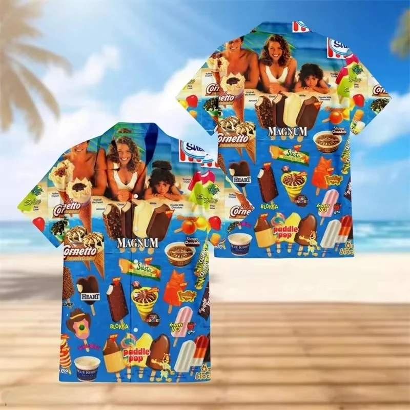 Summer Funny Ice Cream Graphic Party Shirts For Men 3D Hawaiian Cold Popsicle Print Beach Shirt Casual Vacation Ice cream Blouse 2