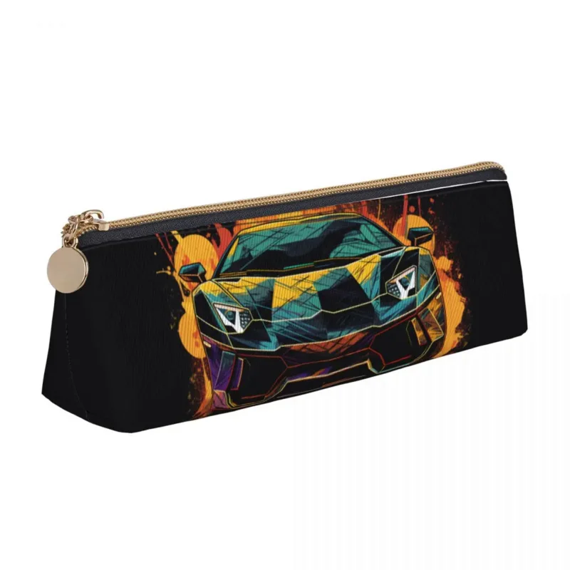 

Luxury Sports Car Triangle Pencil Case Vintage Vibrant Tones Cool Zipper Pencil Box For Teens School Leather Pen Organizer
