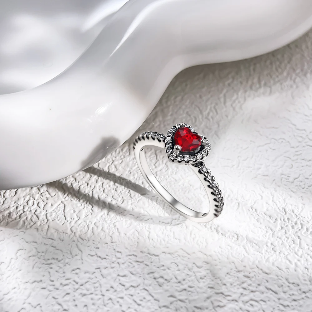 Romantic 925 Sterling Silver Sparkling Pav&eacute; Zircon Elevated Red Heart Crystal Ring DIY Women Wedding Party Jewelry Gift Making