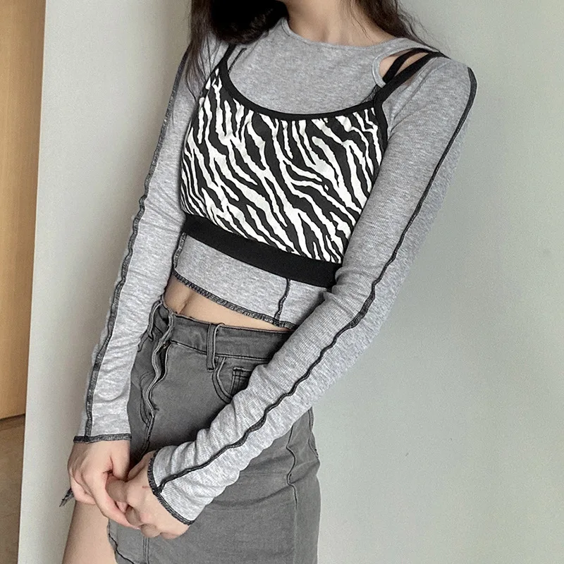 

2023 Women Vintage Sexy Patchwork Hollow Out Crop Tops Streetwear Harajuku Long Sleeve Punk Zebra Print Tops Autumn Basic Top
