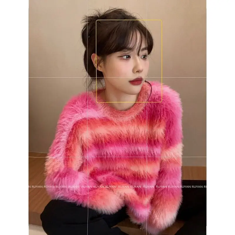 

Fashion Sweater Cardigan Slouchy Gradual Color Women's Winter Crew Neck Warm Contrast Stripe Top Loose Mohair Knit Pullovers