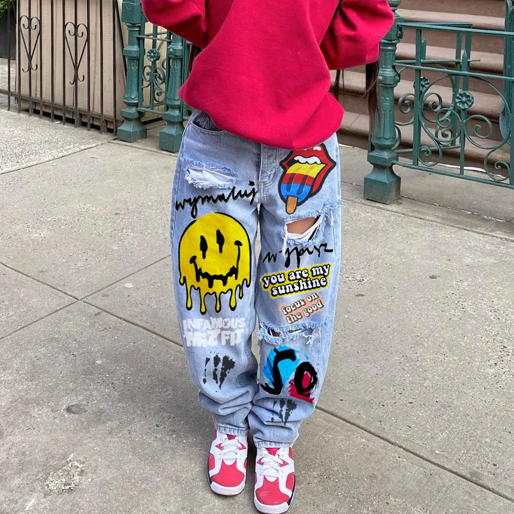 American Street Personality Pattern Smiley Face Print Graffiti Broken Skateboard Straight Jeans Women new goth pants graffiti smiling face print baggy jeans women straight loose american couples street y2k high waist slouchy jeans