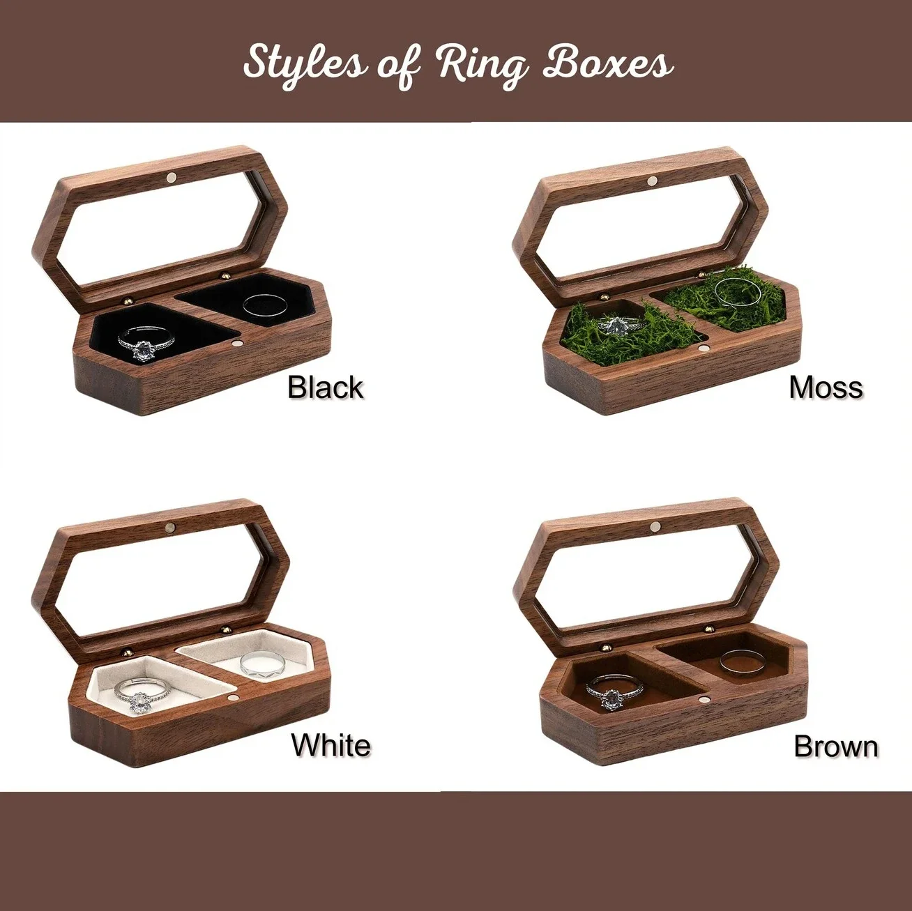 Blank Walnut Jewelry Storage Ring Box Engagement and Wedding Ring Holder Gift for Couples, Brides, and Grooms Ring Box With Bag
