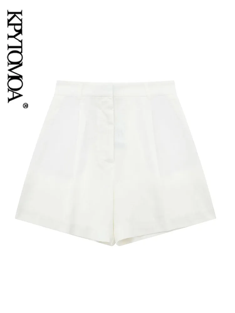 

KPYTOMOA Women Fashion Front Darts Side Pockets Bermuda Shorts Vintage High Waist Zipper Fly Female Short Pants Mujer