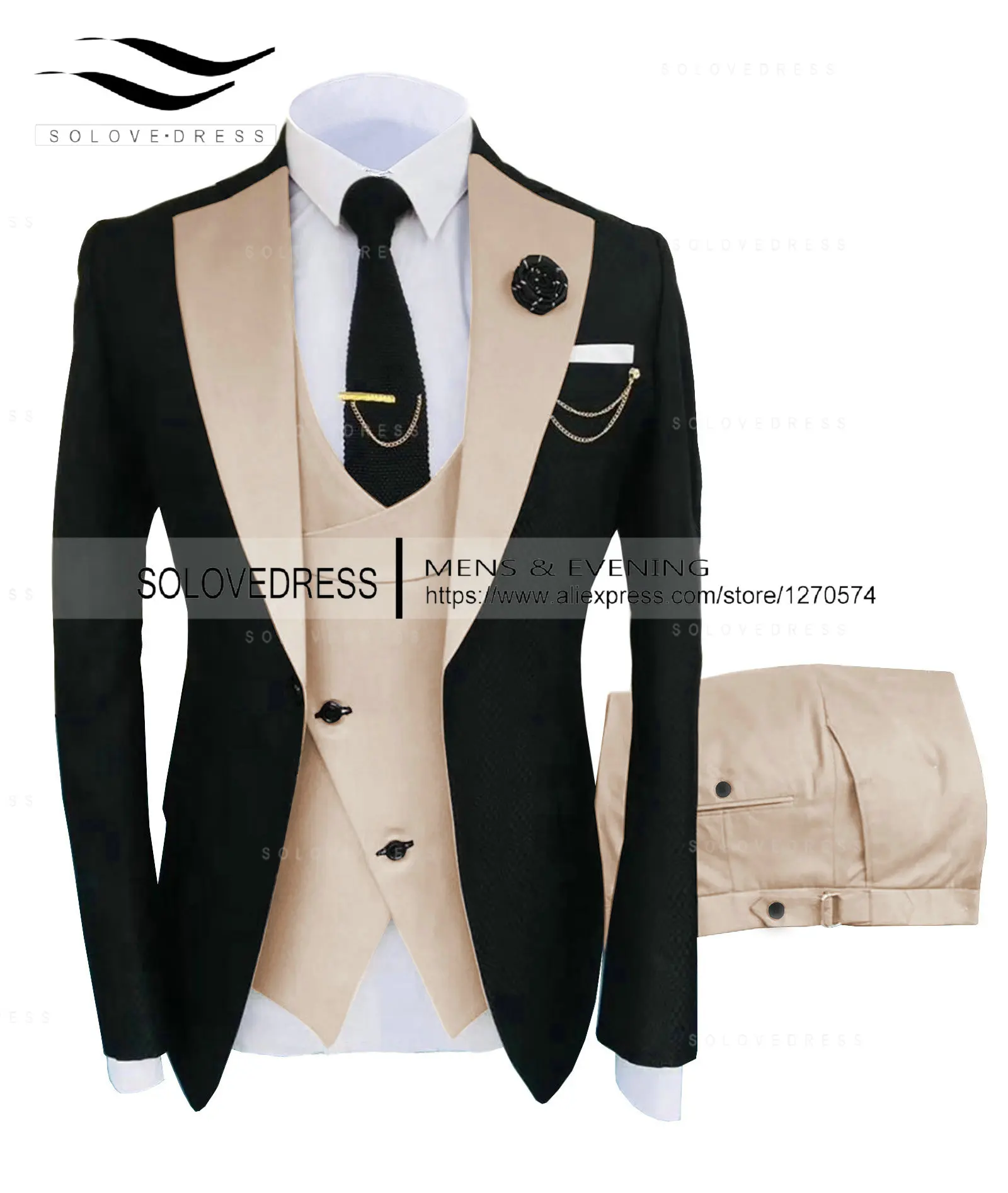 

Beige Men's 3 Pieces Suit Formal Business Notch Lapel Silm Fit Wool Tuxedo Groomsmen For Wedding (Blazer+Vest+Pants)