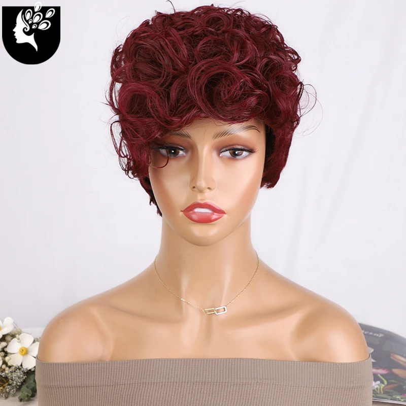 

Short Synthetic Wigs Pixie Cut Black Burg Kinky Curly Hair Wigs For Woman Fluffy Natural Curly Wavy Fake Full Machine Made Wigs