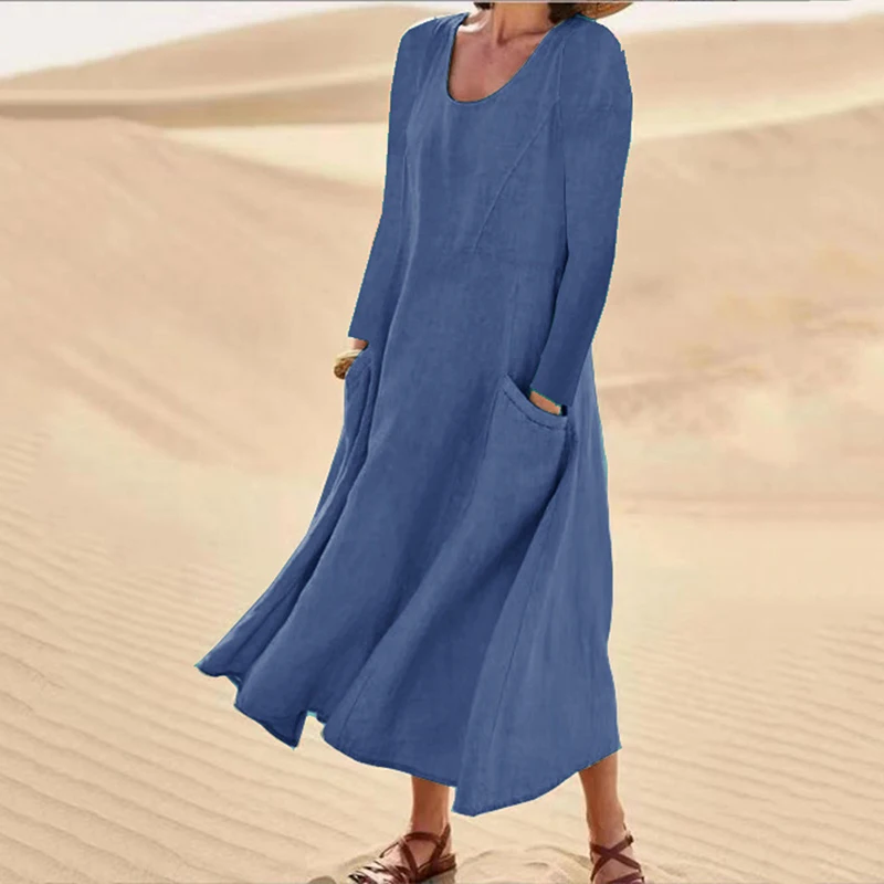 

Spring Summer New Dress 2023 Women O-neck Long Sleeve Solid Button Decoration Simplicity Casual Temperament Loose Female Dress