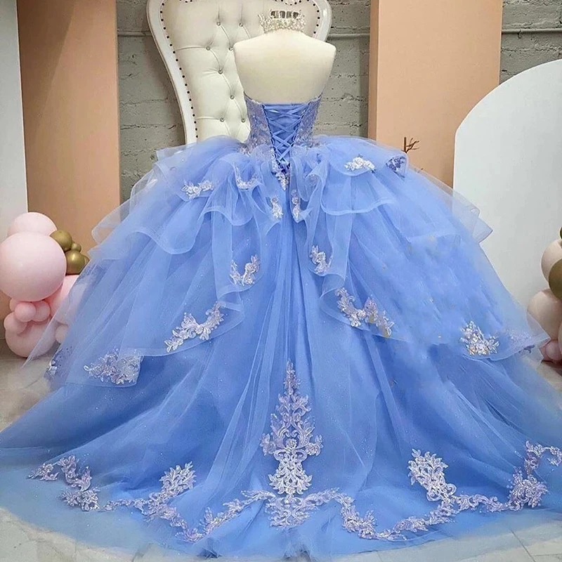 Angelsbridep Light Blue Ball Gown Sweet 16 Dress Ruffles Tulle Ball Gown Prom Dress Sweetheart Quinceanera Robes De Soir&eacute;e