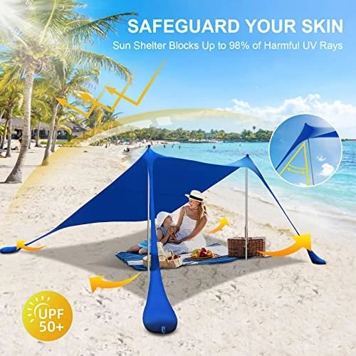 Tent Sun Shelter with Sand Shovel Tent Stakes&Stability Poles Beach Canopy  Sun Shade UPF50+ for Camping