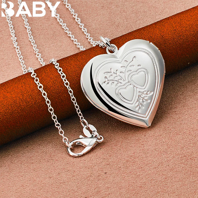

925 Sterling Silver Heart Photo Frame Embossing Pendant Necklace For Women 18-30 Inch Chain Fashion Jewelry Wedding Accessories