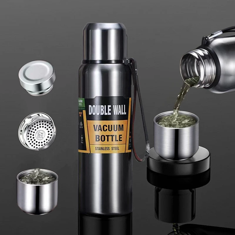 500/1000/1500ml Stainless Steel Thermos Large Capacity Vacuum Flask Portable Insulated Tumbler with Rope Insulated water bottles Practical Beach Essentials