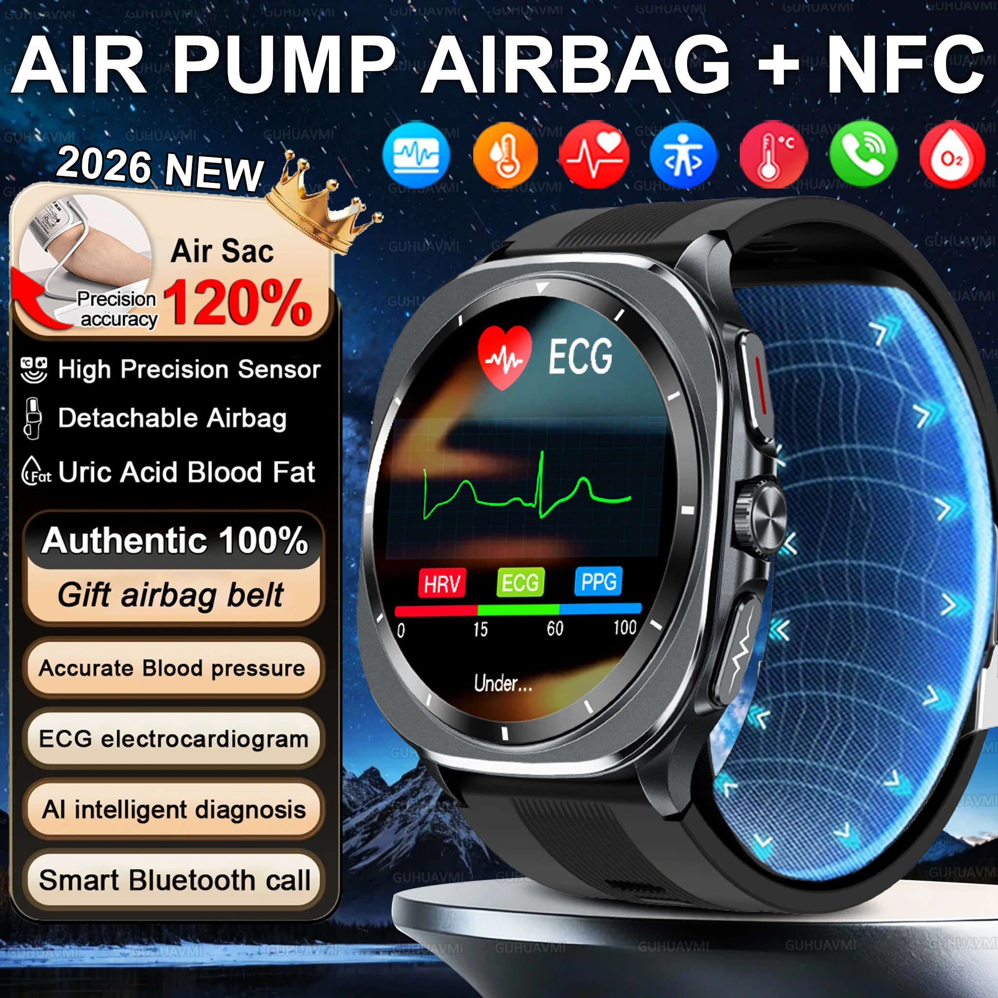 2026 novo relógio inteligente airbag 1.43 polegada tela amoled nfc masculino bomba de ar ecg pressão arterial ácido úrico lipídios no sangue monitor de saúde