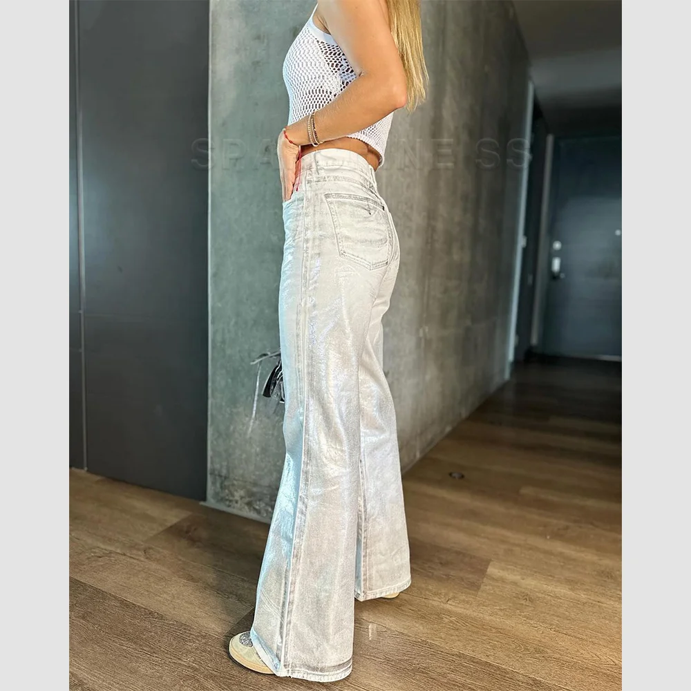 Metallic Y2K Advanced Sense Coating Casual Wide-leg Jeans Female Straight Jeans Loose Hip-hop Streetwear Oversize Denim Trousers 6