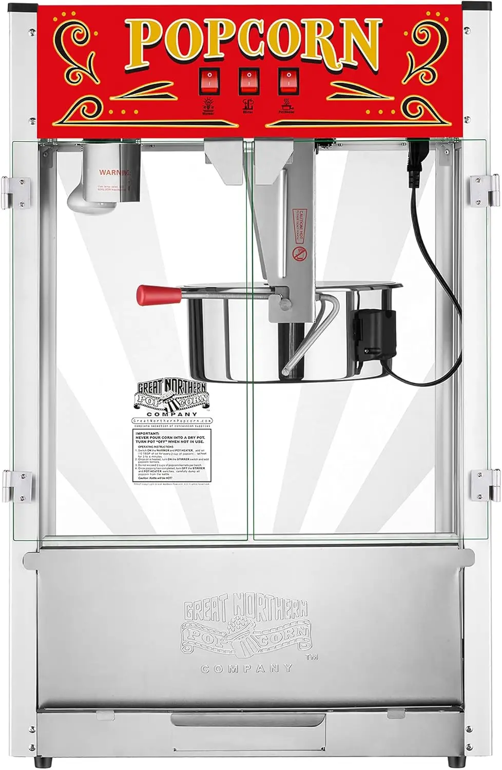 Midway Marvel Countertop Popcorn Machine 7 Gallon Popper-16oz Kettle Old Maids Drawer Warming Tray Scoop 16 Ounce Silver/red