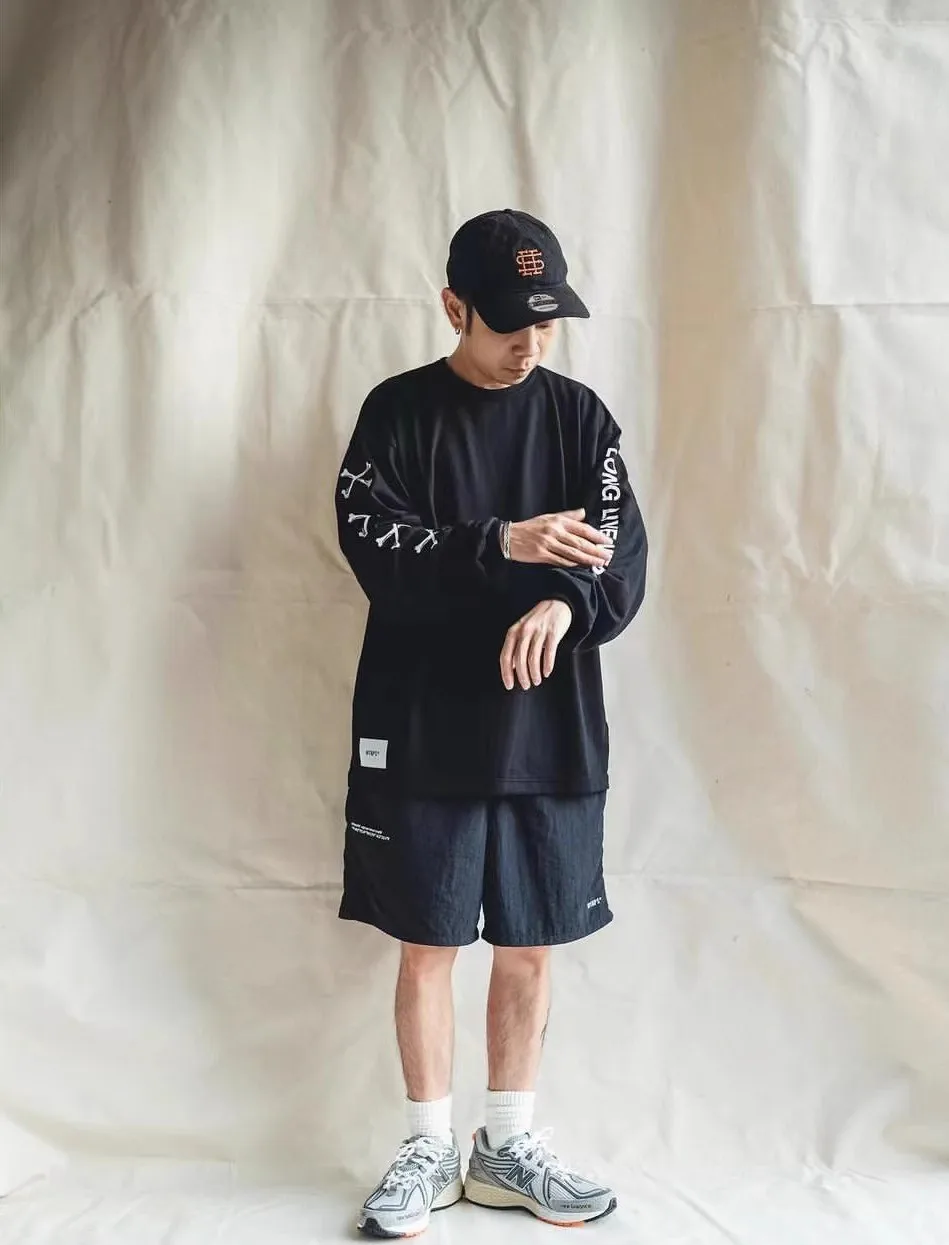 

2023 WTAPS Round Neck Long sleeved T-shirt Cross Bone Stick Letter Printed Pullover Bottom T-shirt TX14