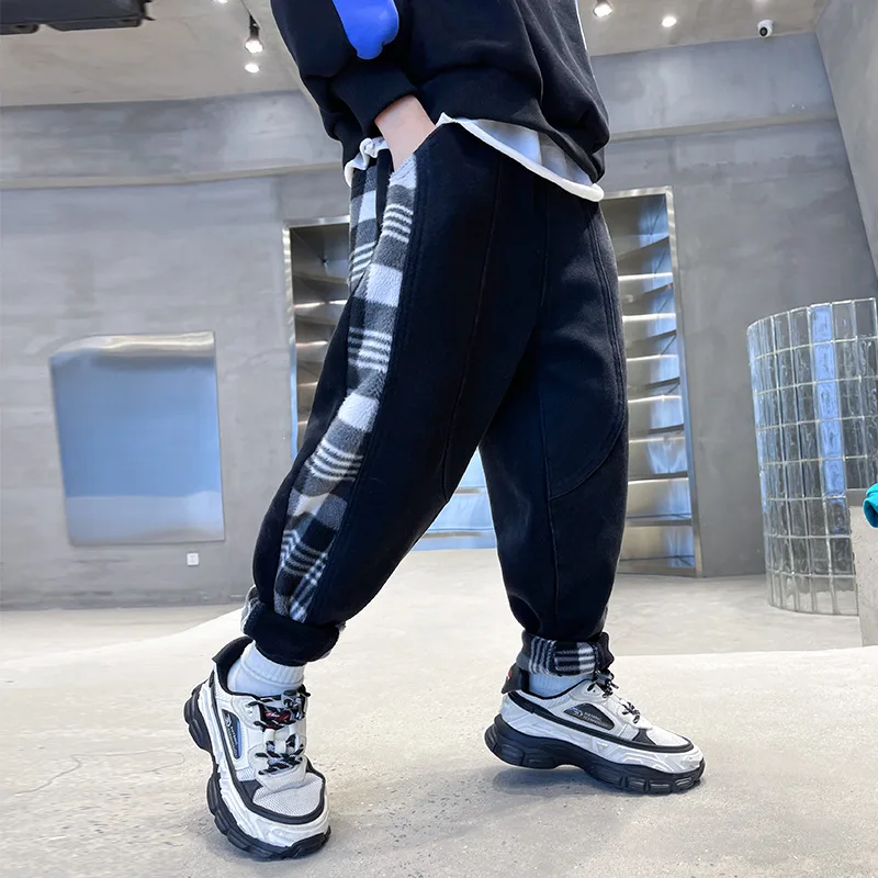 

Fashion Casual Children's Clothing Winter Plush Warm Denim Trousers Boys Clothes Side Plaid Patchwork Elastic Waist Jeans 4-14 Y