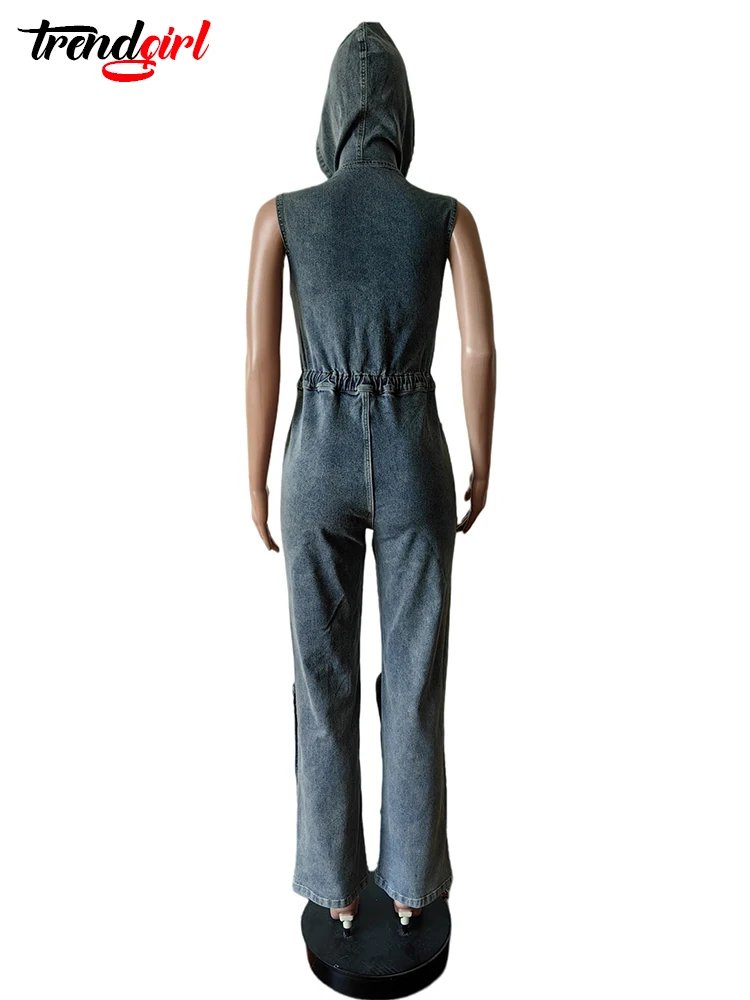 Trendgirl Vintage One Pieces Overalls Denim Stretch Women Zipper Pocket Jumpsuit Hoodies Drawstring Waist Streetwear Jean Romper