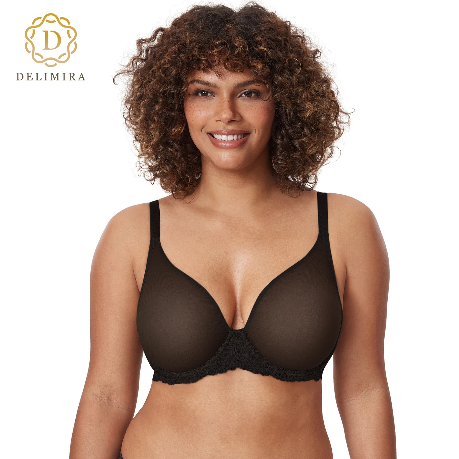 DELIMIRA Women's Sheer Bra Plus Size Sexy See Through Full Coverage Underwire Unlined Mesh Bras