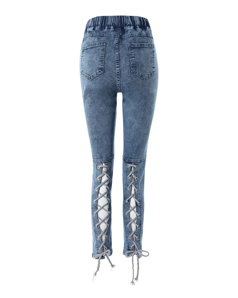 

Women Pants Fashion Eyelet Lace-up Skinny Jeans Casual Pants for Women Jeans