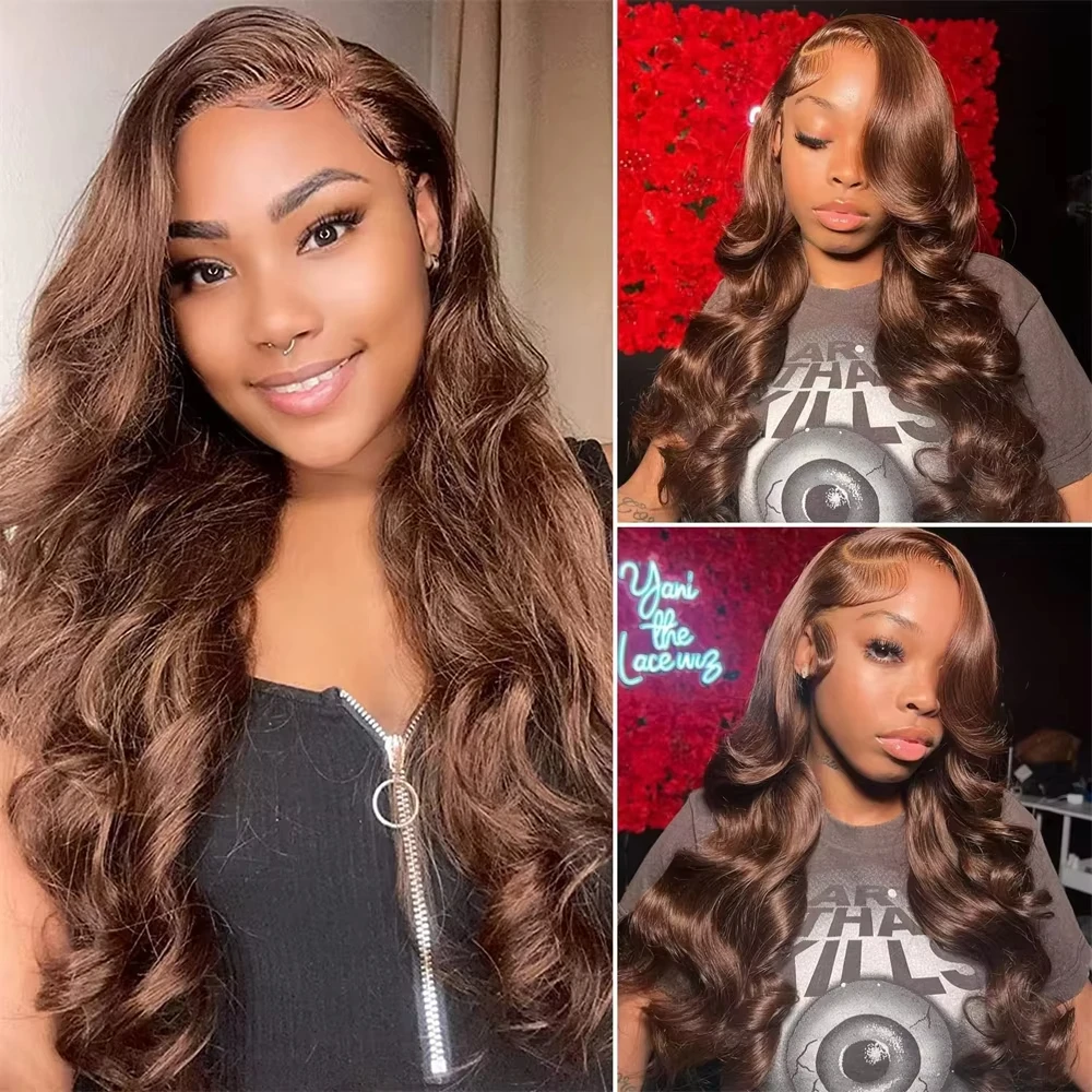 26 28 Chocolate Brown Body Wave Lace Front Wig Transparent 13x4 HD Lace Frontal Wigs Preplucked Colored Human Hair Wigs 4