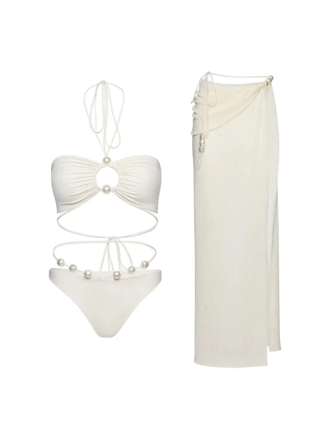 Solid Color Bikini Set Low Waisted Women's Swimwear luxurious Swimsuit Beach Exit Biquinis High Fork Cover-up 2024 New Style