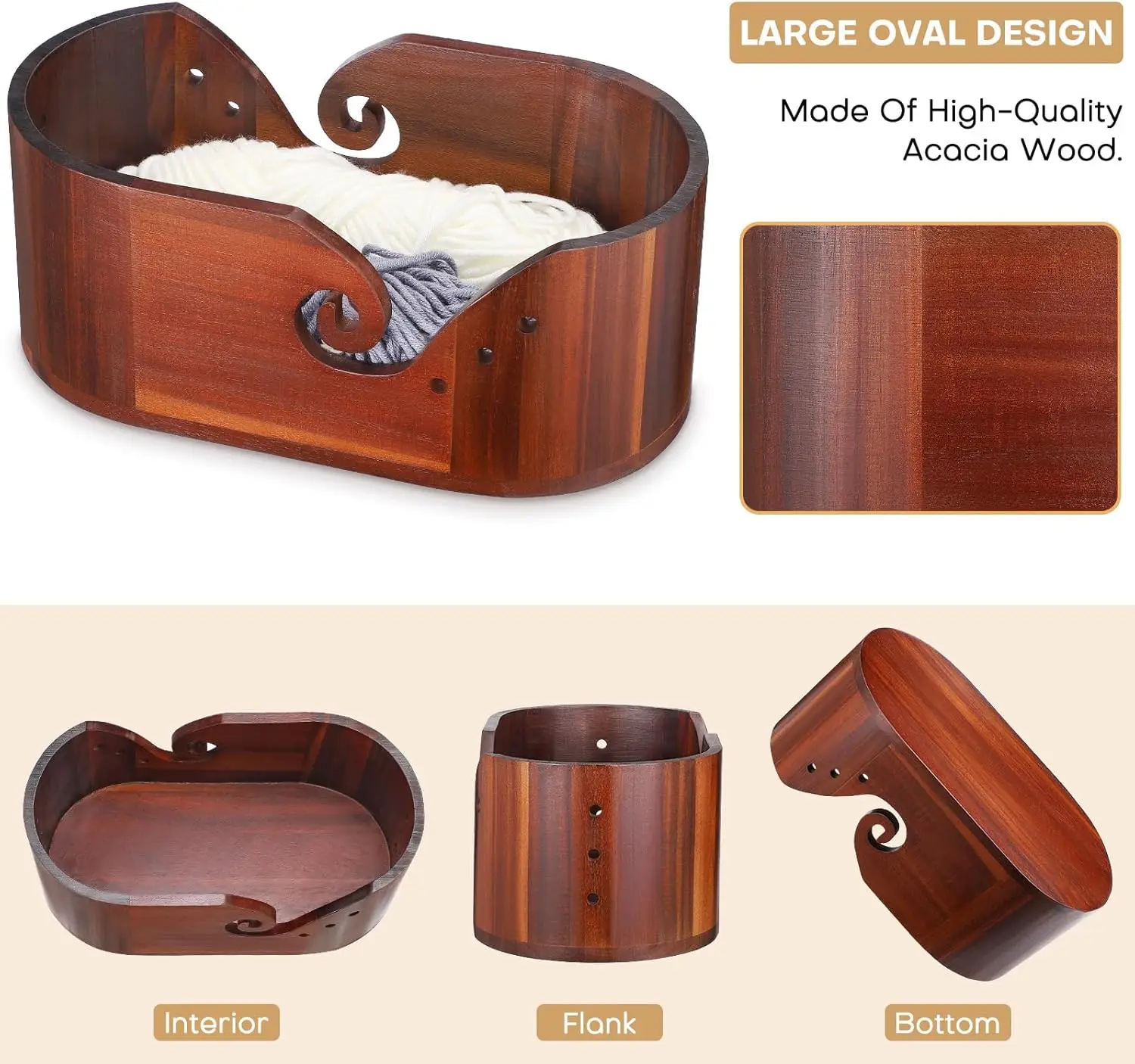Wooden Yarn Bowl Large Size for Yarn Skeins Oval Wooden Bowl with Carved Holes Crochet Hook Rests Portable Knitting Accessories