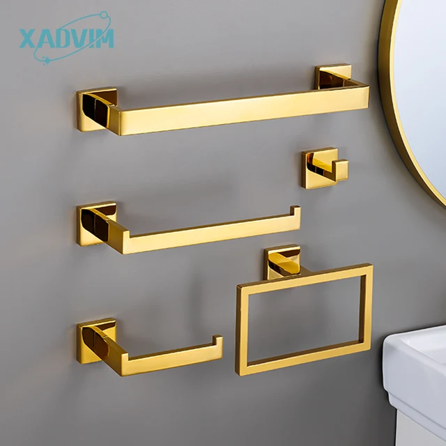 ชุดอุปกรณ์ห้องน้ำสีทองกระจกเงา ติดผนัง สแตนเลส ราวแขวนผ้าเช็ดตัว ห่วงแขวนผ้าเช็ดตัวทรงสี่เหลี่ยม ที่ใส่กระดาษชำระ สีโรสโกลด์ ตะขอแขวนเสื้อคลุม 1