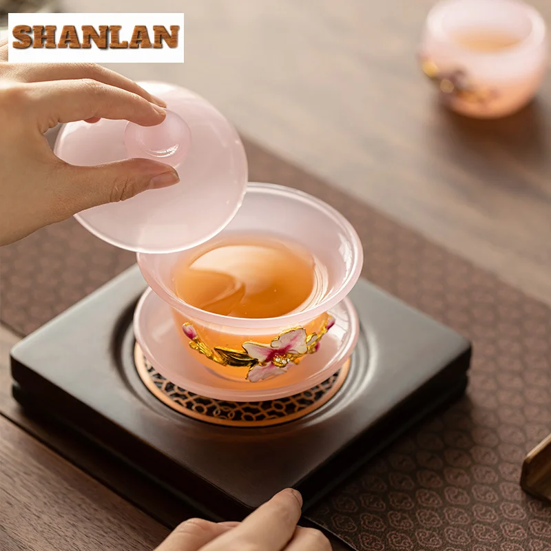 150ml Handmade Kneading Flower Glass Gaiwan Luxury Pink Glazed Crystal Sancai Tea Tureen Tea Brewing Cover Bowl Items Craft